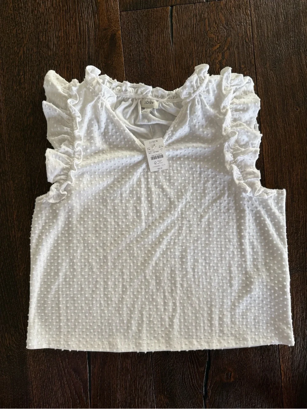 J. Crew White Swiss Dot Sleeveless Blouse with Ruffle Trim